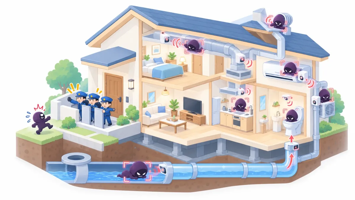 玄関は警備員がブロックしていても、換気口・排水管・エアコンの配管から悪者が入り込む。家の中の見守りカメラが、その不審な動きに気づいているイラスト
